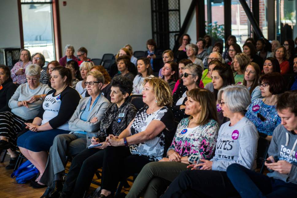 Chris Detrick  |  The Salt Lake Tribune
Attendees listen as EMILY's List President Stephanie Schriock speaks during a Women Together Organizing Summit hosted by Hillary for Utah at The Falls at Trolley Square Saturday October 22, 2016.