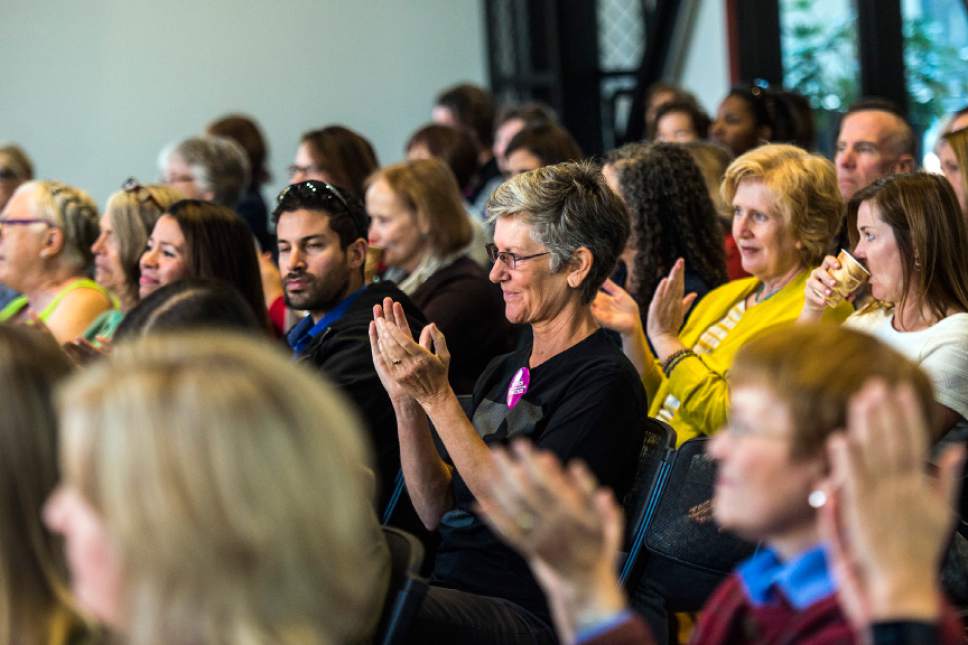 Chris Detrick  |  The Salt Lake Tribune
Attendees listen as EMILY's List President Stephanie Schriock speaks during a Women Together Organizing Summit hosted by Hillary for Utah at The Falls at Trolley Square Saturday October 22, 2016.