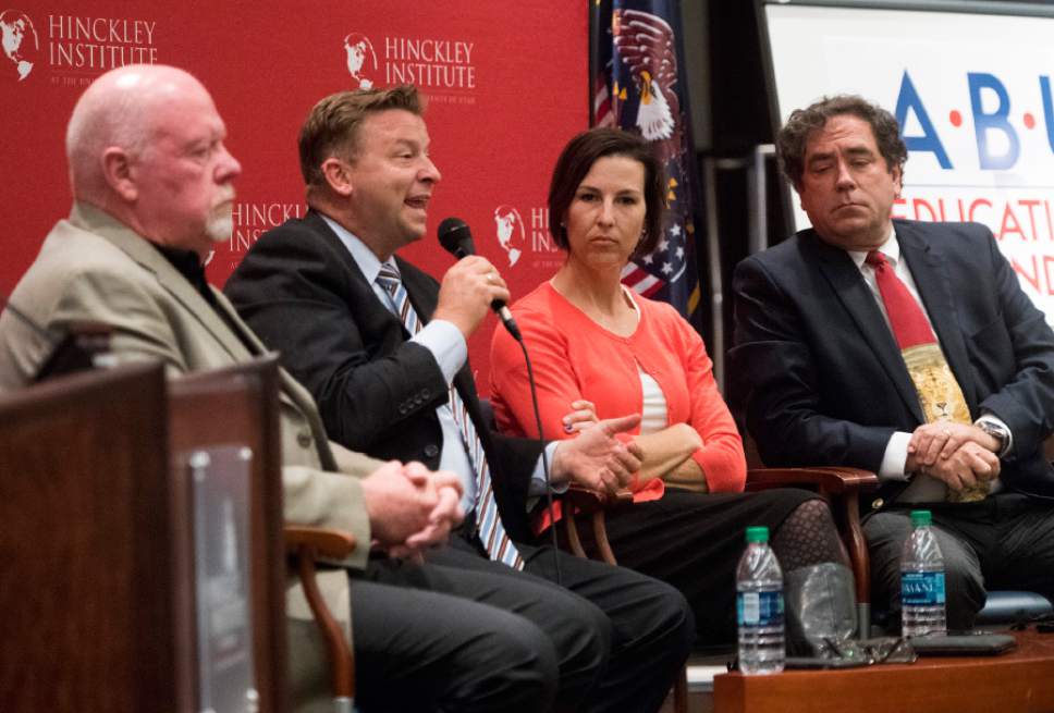Rick Egan  |  The Salt Lake Tribune

Sen. Howard Stephenson, Sen. Todd Weiler, State House Democratic candidate Suzanne Harrison and Utah State Rep. Brian King participate in a panel discussion at the Hinckley Institute, on how religion and politics mix, Monday, October 3, 2016.