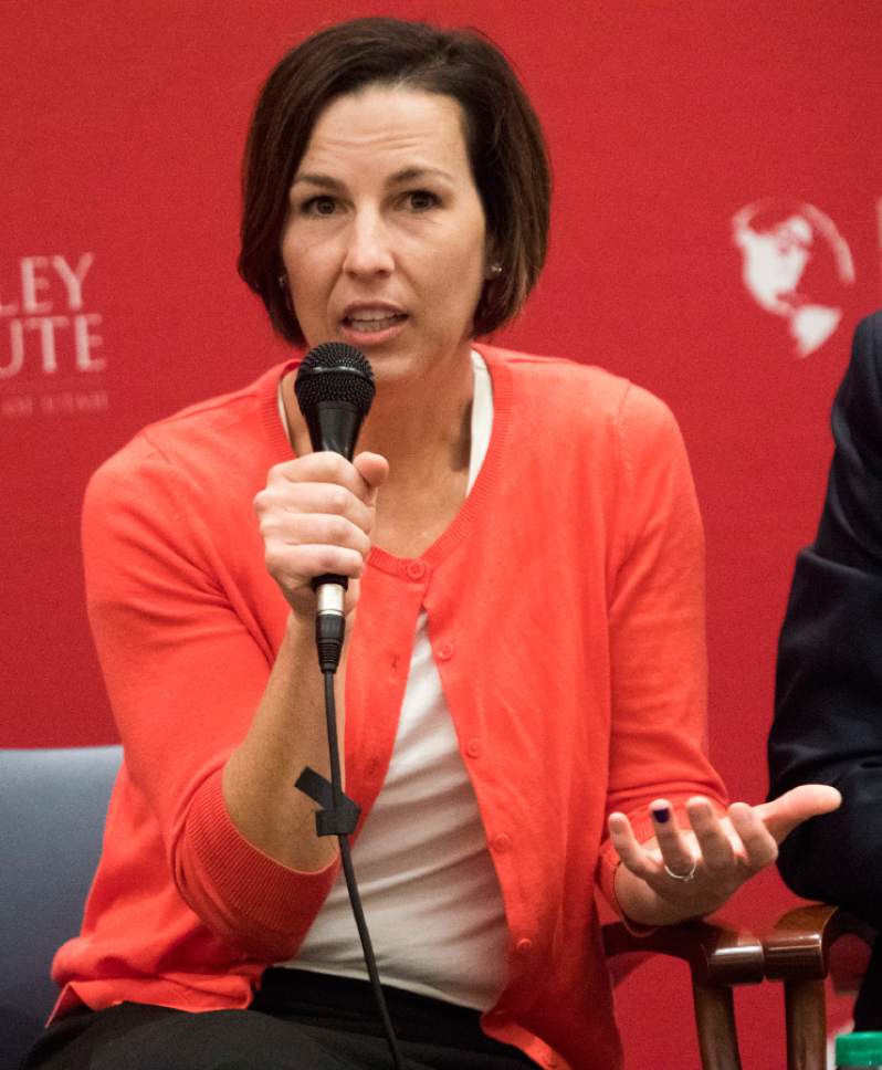 Rick Egan  |  The Salt Lake Tribune

Utah State House Democratic candidate Suzanne Harrison speaks during a panel discussion at the Hinckley Institute, during a discussion on how religion and politics mix, Monday, October 3, 2016.