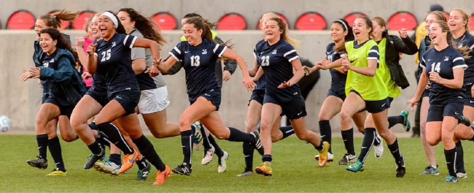 Trent Nelson  |  The Salt Lake Tribune
Juan Diego celebrates defeating Logan in the 3A High School Girl's Soccer Championship game at Rio Tinto Stadium in Sandy, Saturday October 22, 2016.