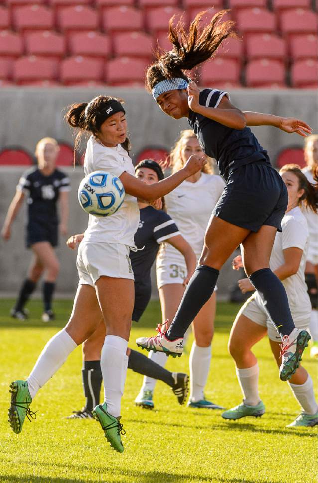 Trent Nelson  |  The Salt Lake Tribune
Logan's Zhu Parker and Juan Diego's Daviana Vaka (8) as Logan faces Juan Diego in the 3A High School Girl's Soccer Championship game at Rio Tinto Stadium in Sandy, Saturday October 22, 2016.