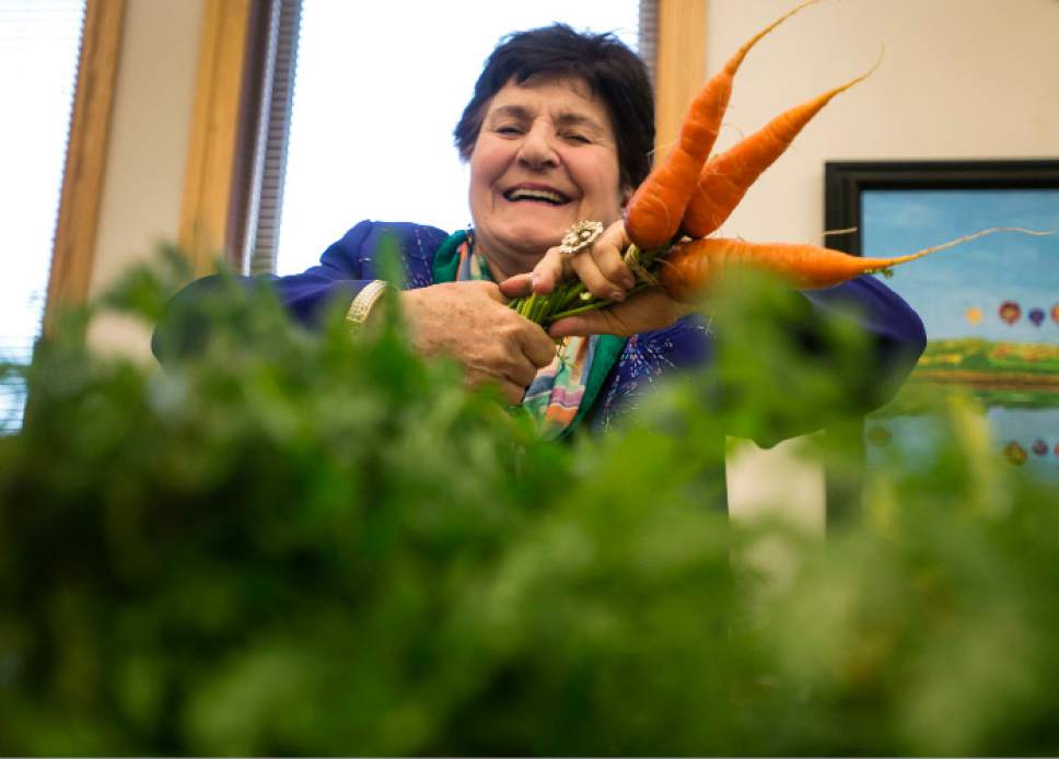 Steve Griffin  |  The Salt Lake Tribune
Tsiala Shanshiashvili smiles as she removes the stalks for a beautiful bunch of carrots during the Salt Lake County Jail Horticulture Program's modified farmers market for senior citizens at the Liberty Active Aging Center in Salt Lake City Monday October 24, 2016. The Jail Horticulture Program has been donating their harvest to every active aging center at least once throughout the season. This year's harvest has been so bountiful they are making another round of visits. The Salt Lake County Jail Horticulture Program collaborates with the Salt Lake County Active Aging Center, Green Urban Lunchbox and U.S.U. Extension Program for the event. The jail's garden is about two acres and is located behind the jail on 900 west and 3300 south.
