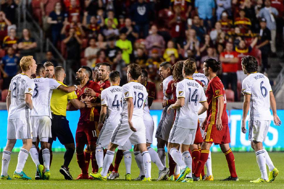 Trent Nelson  |  The Salt Lake Tribune
Players face off at the end of the 3-3 tie as Real Salt Lake hosts the Los Angeles Galaxy, MLS soccer at Rio Tinto Stadium in Sandy, Wednesday September 7, 2016.