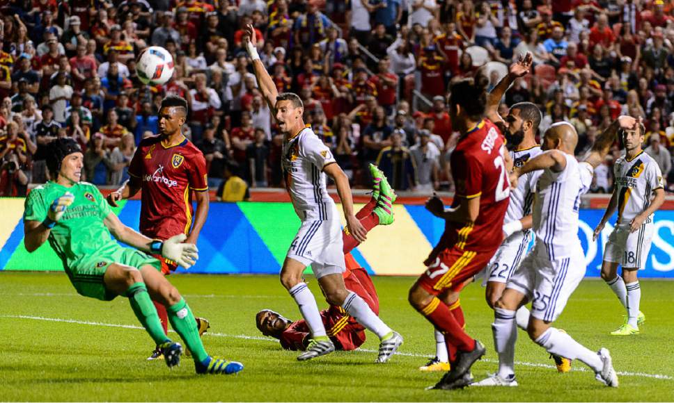 Trent Nelson  |  The Salt Lake Tribune
A shot is taken in the chaotic final minutes as Real Salt Lake hosts the Los Angeles Galaxy, MLS soccer at Rio Tinto Stadium in Sandy, Wednesday September 7, 2016.