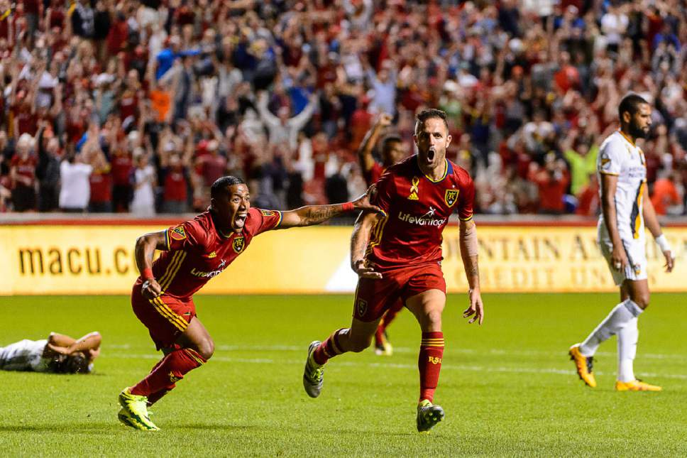 Trent Nelson  |  The Salt Lake Tribune
Real Salt Lake forward Juan Martinez (7) celebrates his goal in stoppage time to tie the game 3-3 as Real Salt Lake hosts the Los Angeles Galaxy, MLS soccer at Rio Tinto Stadium in Sandy, Wednesday September 7, 2016.
