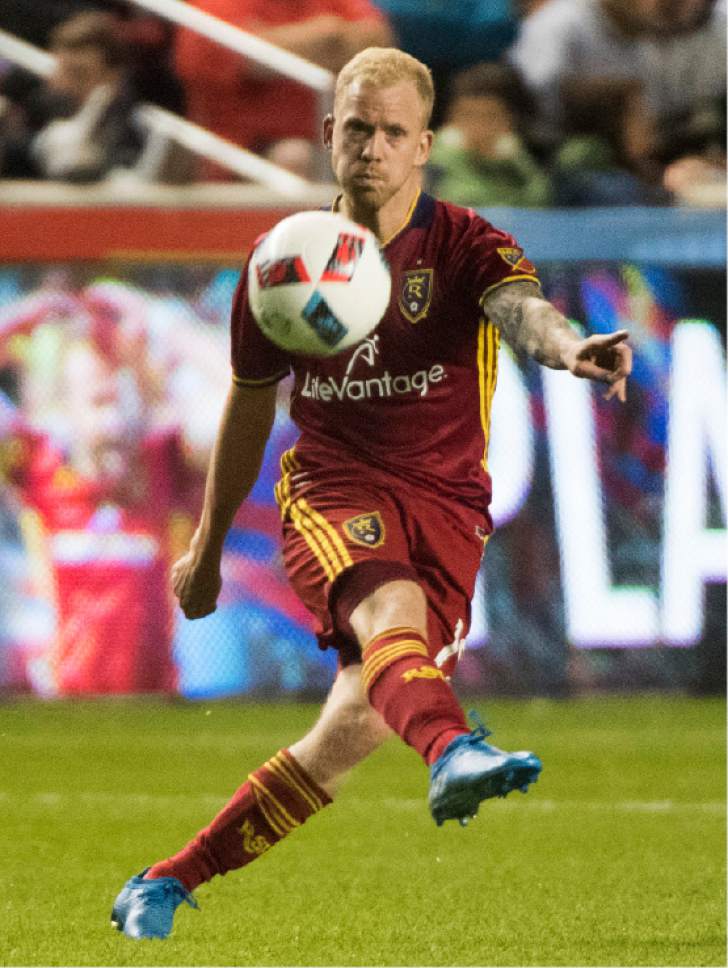 Rick Egan  |  The Salt Lake Tribune

Real Salt Lake midfielder Luke Mulholland (19) kicks the ball, in MLS soccer action at Rio Tinto Stadium, Saturday, September 24, 2016.