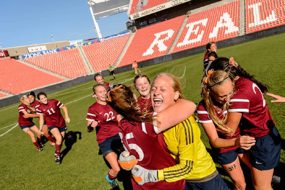 Trent Nelson  |  The Salt Lake Tribune
Waterford players celebrate defeating Rowland-Hall St. Marks in the 2A High School Girl's Soccer Championship game at Rio Tinto Stadium in Sandy, Saturday October 22, 2016.