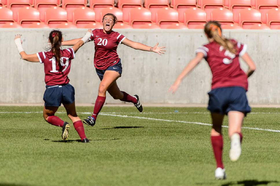 Trent Nelson  |  The Salt Lake Tribune
Waterford's Makenna Mumford (20) celebrates her first half goal as Waterford defeats Rowland-Hall St. Marks in the 2A High School Girl's Soccer Championship game at Rio Tinto Stadium in Sandy, Saturday October 22, 2016.
