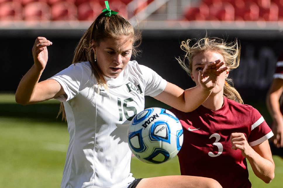 Trent Nelson  |  The Salt Lake Tribune
Rowland Hall-St. Marks' Caeli Kennedy (16) and Waterford's Sophia Taylor (3) as Waterford faces Rowland-Hall St. Marks in the 2A High School Girl's Soccer Championship game at Rio Tinto Stadium in Sandy, Saturday October 22, 2016.