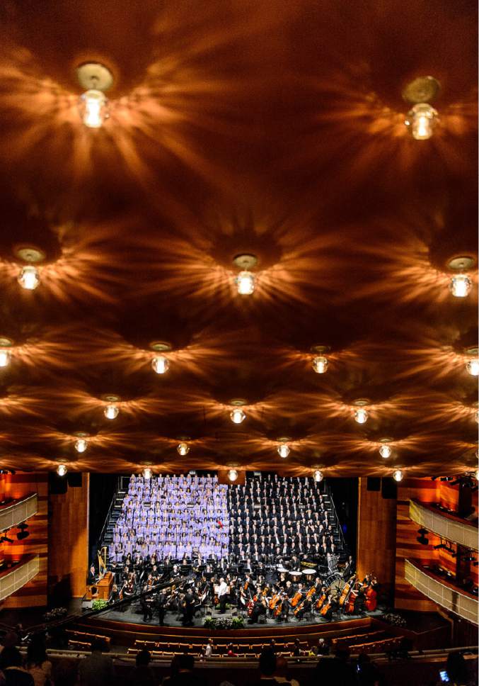 Trent Nelson  |  The Salt Lake Tribune
The Mormon Tabernacle Choir prepares to sing for a live broadcast of the long-standing program Music and the Spoken Word at the Eccles Theater in Salt Lake City, Sunday October 23, 2016. The broadcast is the first time in the program's 88-year history that Music and the Spoken Word will originate from a Salt Lake venue other than the Salt Lake Tabernacle or LDS Conference Center.