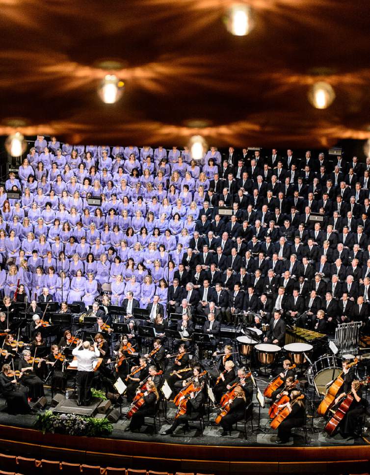 Trent Nelson  |  The Salt Lake Tribune
The Mormon Tabernacle Choir prepares to sing for a live broadcast of the long-standing program Music and the Spoken Word at the Eccles Theater in Salt Lake City, Sunday October 23, 2016. The broadcast is the first time in the program's 88-year history that Music and the Spoken Word will originate from a Salt Lake venue other than the Salt Lake Tabernacle or LDS Conference Center.