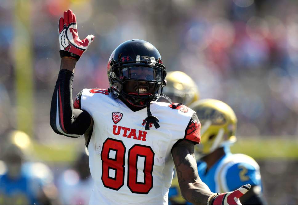 Utah wide receiver Siaosi Wilson celebrates a catch during the first half of an NCAA college football game against UCLA, Saturday, Oct. 22, 2016, in Pasadena, Calif. (AP Photo/Mark J. Terrill)