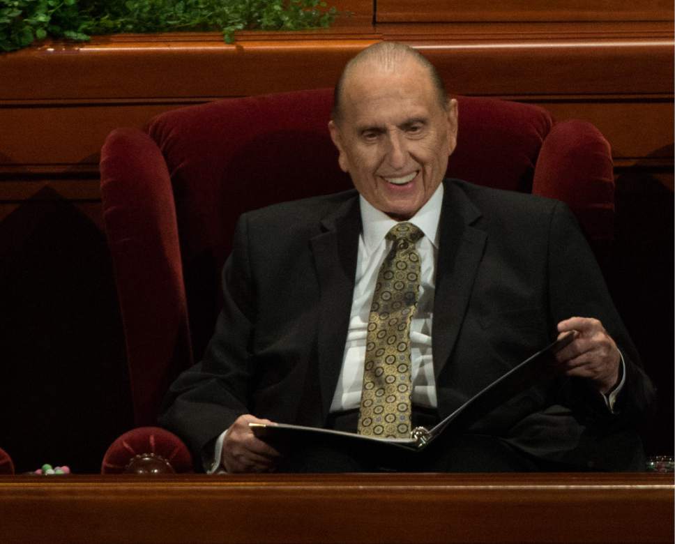 Leah Hogsten  |  The Salt Lake Tribune
President Thomas S. Monson shares a laugh during the afternoon session of the 186th Semiannual General Conference of The Church of Jesus Christ of Latter-day Saints in Salt Lake City, October 1, 2016.