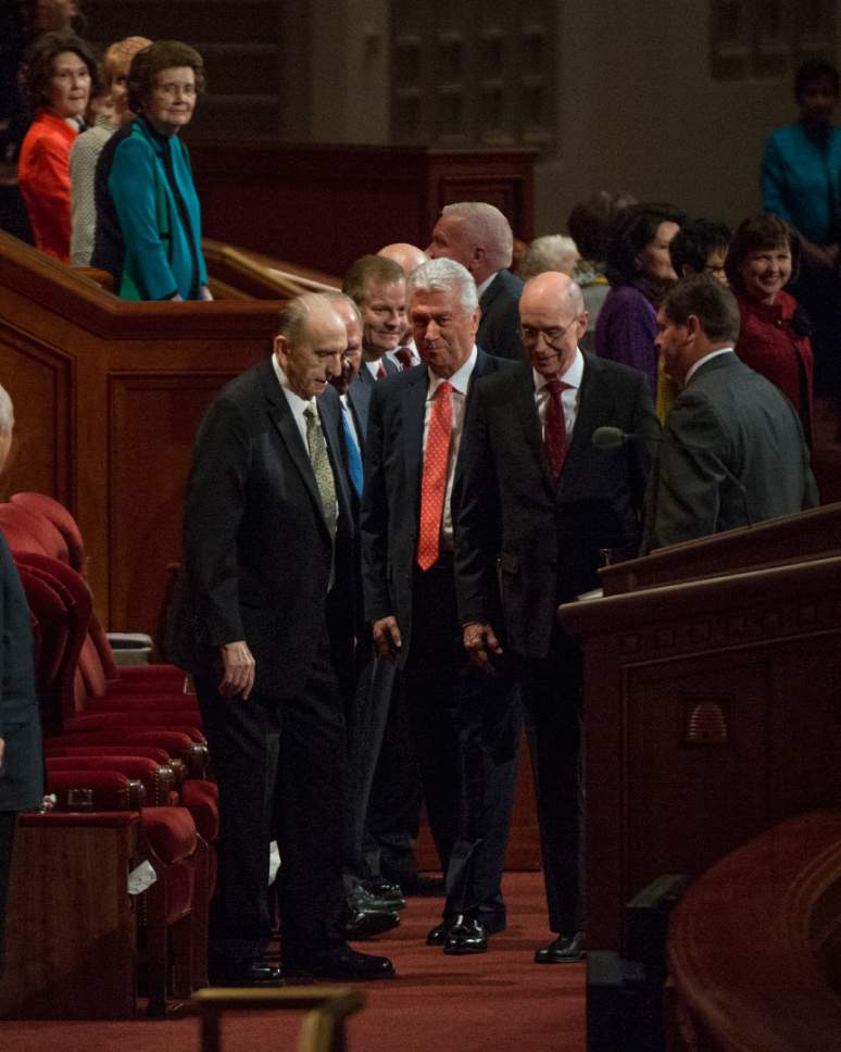 Leah Hogsten  |  The Salt Lake Tribune
 President Thomas S. Monson, First Counselor Henry B. Eyring and Second Counselor Dieter F. Uchtdorf enter the Conference Center for the morning session of the 186th Semiannual General Conference of The Church of Jesus Christ of Latter-day Saints in Salt Lake City, October 1, 2016.