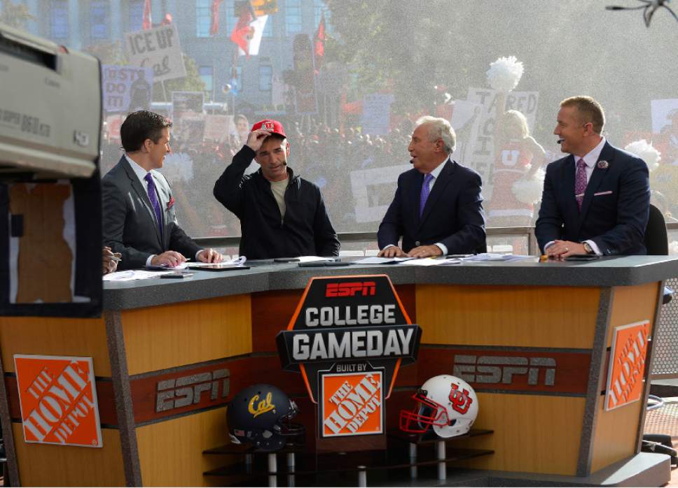Leah Hogsten  |  The Salt Lake Tribune
l-r ESPN's "College GameDay," cast Rece Davis, local celebrity John Stockton, Lee Corso and Kirk Herbstreit watch as Stockton picks the Utes to win the game. Hundreds of fans cheered for their teams Saturday, October 10, 2015, at The University of Utah's President's Circle, during the filming of ESPN's "College GameDay," a sports television show that previews and predicts winners of the nation's college football games and picked No. 5 Utah to beat No. 23 Cal.