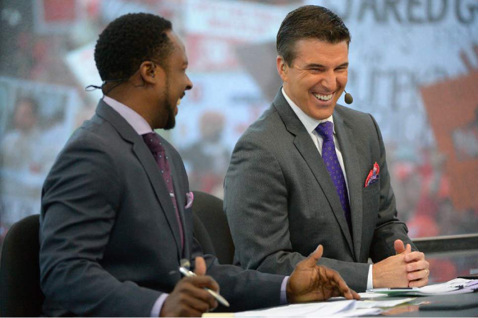 Leah Hogsten  |  The Salt Lake Tribune
l-r ESPN's "College GameDay," cast Desmond Howard and Rece Davis share a laugh. Hundreds of fans cheered for their teams Saturday, October 10, 2015, at The University of Utah's President's Circle, during the filming of ESPN's "College GameDay," a sports television show that previews and predicts winners of the nation's college football games and picked No. 5 Utah to beat No. 23 Cal.