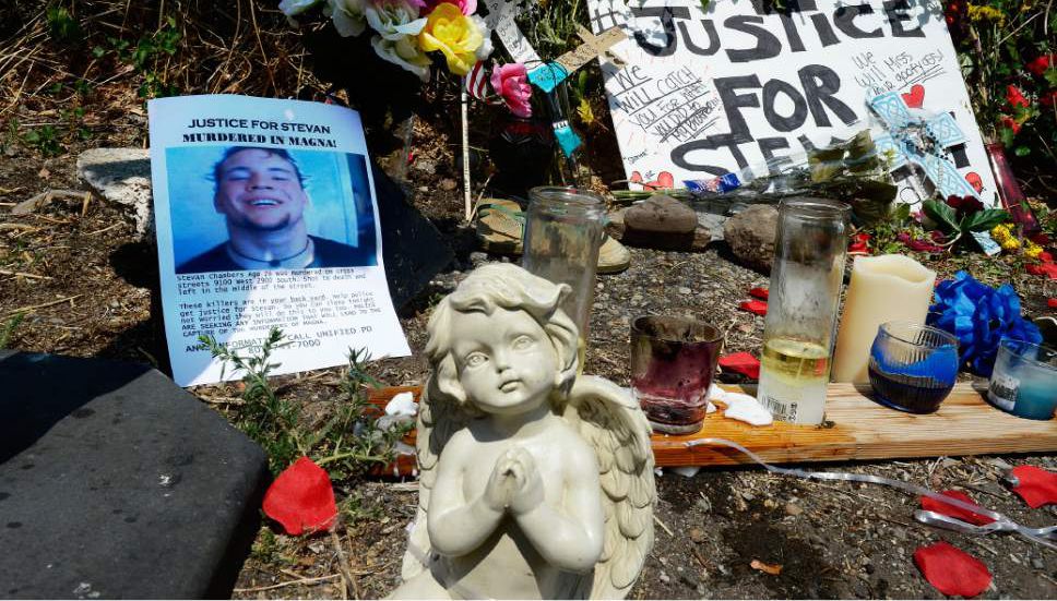 Scott Sommerdorf   |  The Salt Lake Tribune
A roadside memorial has been put up for Stevan Chambers near 2900 S, and 9100 W in Magna, Wednesday, August 19, 2015. Chambers was killed Monday, and another body was found Wednesday at nearby Copper Park.