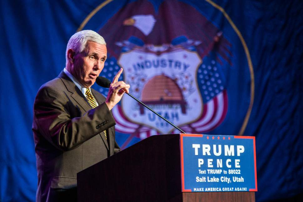 Chris Detrick  |  The Salt Lake Tribune
Republican vice presidential nominee Mike Pence speaks during a rally at the Infinity Event Center Wednesday October 26, 2016.