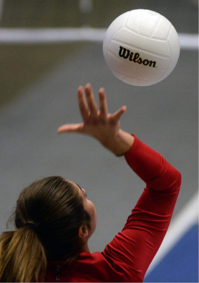 Steve Griffin / The Salt Lake Tribune


Park City's Hanna Greenholtz serves the ball during quarterfinal round of the Class 3A state volleyball tournament against Ridgeline at UCCU Center in Orem Wednesday October 26, 2016.