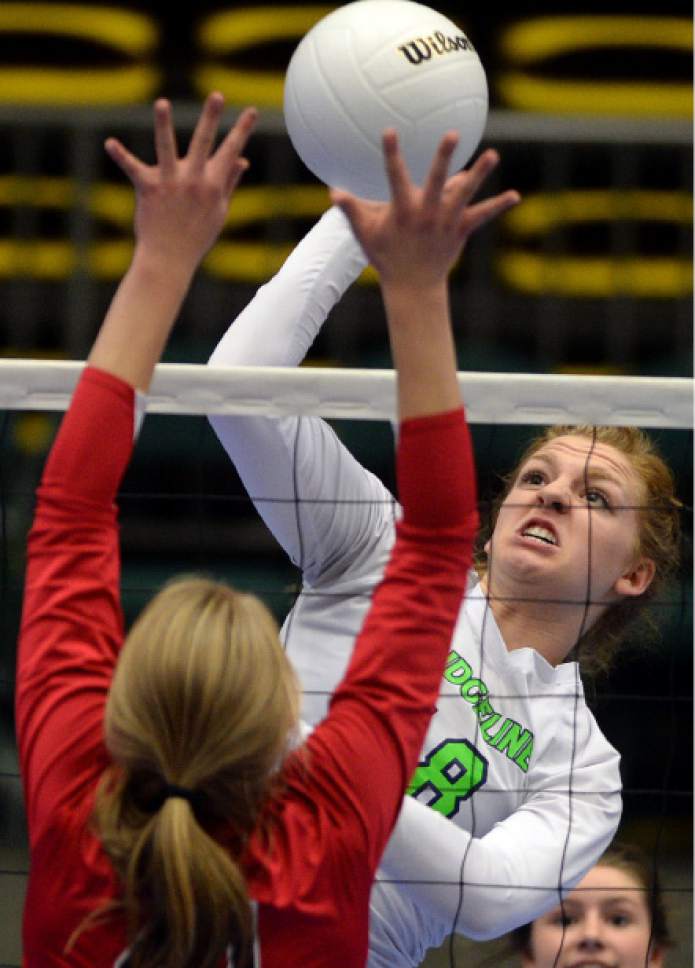 Steve Griffin / The Salt Lake Tribune


Ridgeline's Katie Schwab spikes the ball during quarterfinal round of the Class 3A state volleyball tournament against Park City at UCCU Center in Orem Wednesday October 26, 2016.