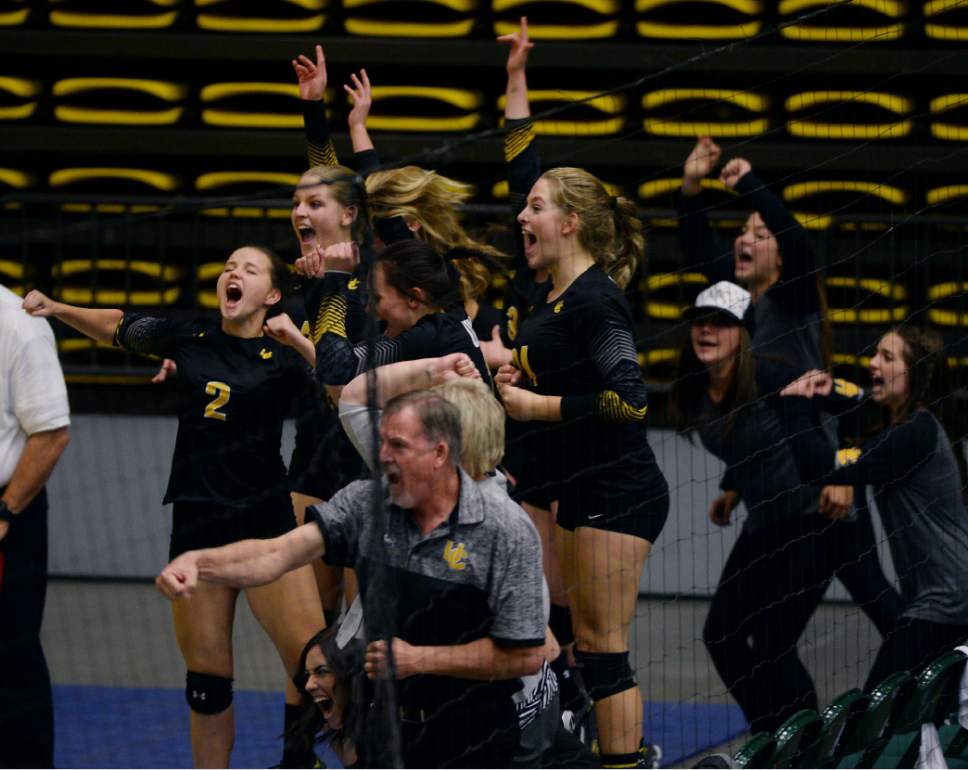 Steve Griffin / The Salt Lake Tribune


Union High School celebrates their quarterfinal round victory in the Class 3A state volleyball tournament at UCCU Center in Orem Wednesday October 26, 2016.