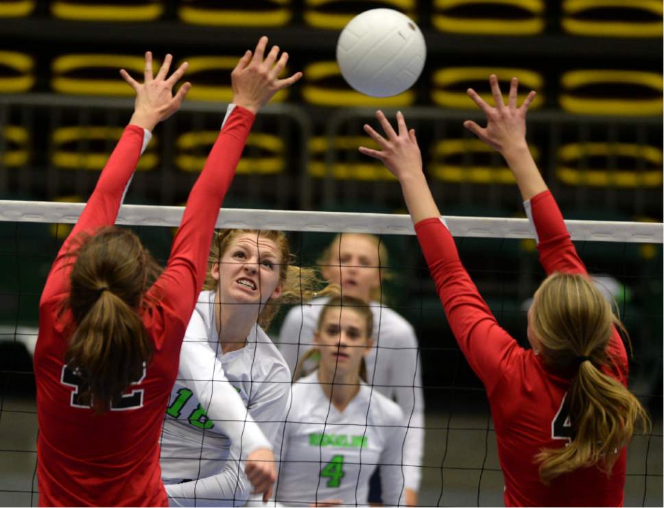 Steve Griffin / The Salt Lake Tribune


Ridgeline's Katie Schwab blasts a shot between the Park City defense during quarterfinal round of the Class 3A state volleyball tournament at UCCU Center in Orem Wednesday October 26, 2016.