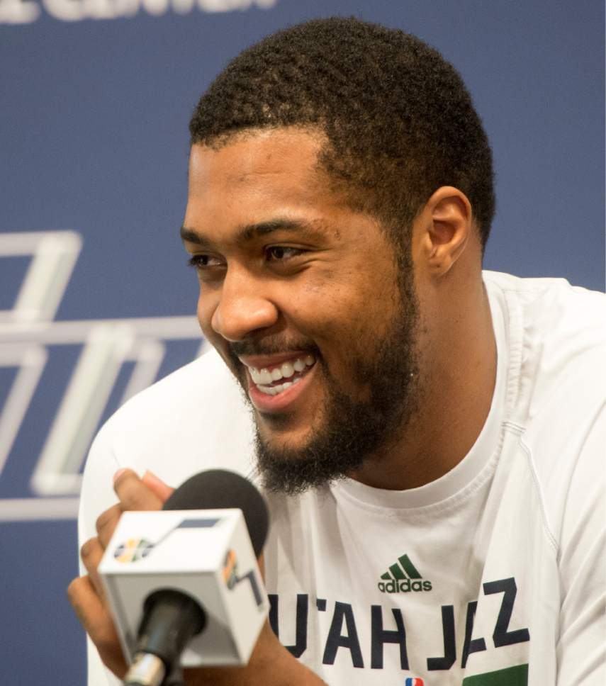 Rick Egan  |  The Salt Lake Tribune

Derrick Favors' talks about the Jazz season, and his favorite hip hop bands, during a press conference at the Jazz practice facility, Thursday, April 14, 2016.