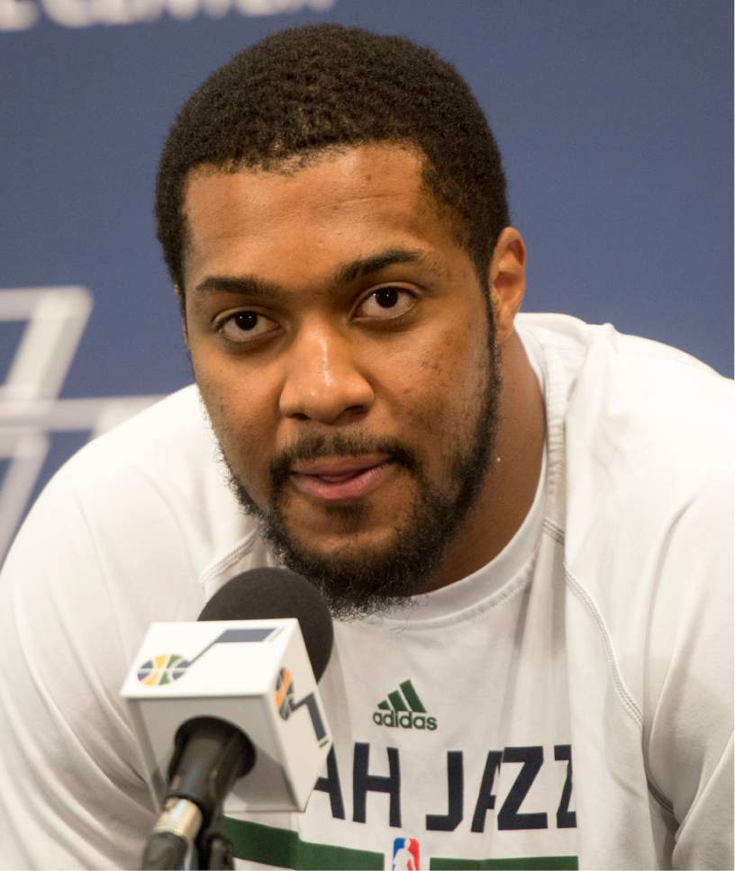 Rick Egan  |  The Salt Lake Tribune

Derrick Favors' talks about the Jazz season, and his favorite hip hop bands, during a press conference at the Jazz practice facility, Thursday, April 14, 2016.
