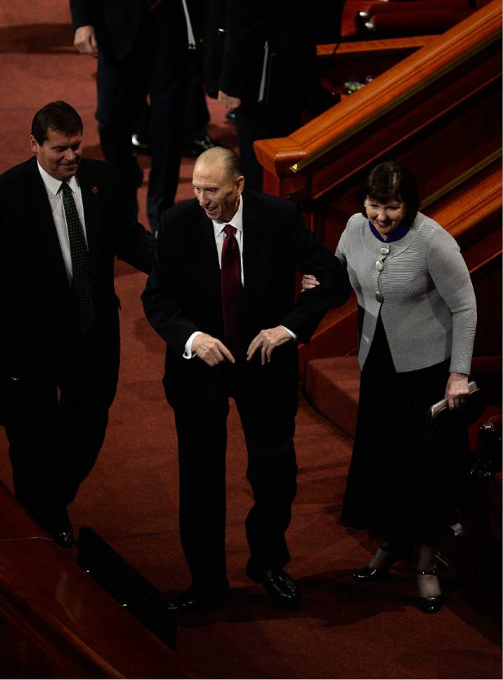 Scott Sommerdorf   |  The Salt Lake Tribune  
President Thomas S. Monson leaves the afternoon session of 186th Semiannual General Conference of the LDS church, Sunday, October 2, 2016.
