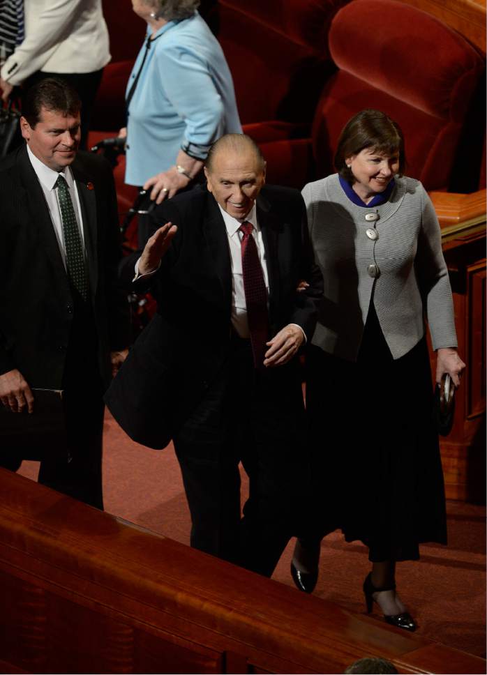 Scott Sommerdorf   |  The Salt Lake Tribune  
President Thomas S. Monson leaves the afternoon session of 186th Semiannual General Conference of the LDS church, Sunday, October 2, 2016.