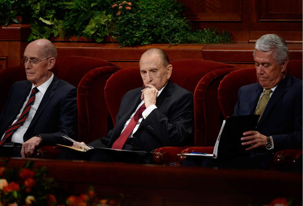 Scott Sommerdorf   |  The Salt Lake Tribune  
President Thomas S. Monson, center, sits prior to speaking at the 186th Semiannual General Conference of the LDS church, Sunday, October 2, 2016. At left is First Counselor Henry B. Eyring, and Second Counselor Dieter F. Uchtdorf at right.