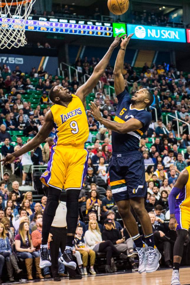 Chris Detrick  |  The Salt Lake Tribune
Utah Jazz forward Joe Johnson (6) shoots over Los Angeles Lakers forward Luol Deng (9) during the game at Vivint Smart Home Arena Friday October 28, 2016.
