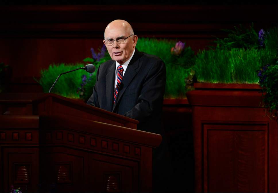 Scott Sommerdorf   |  The Salt Lake Tribune  
Elder Dallin H. Oaks delivers his talk "Opposition in All Things" at the afternoon session of the 186th annual General Conference of the LDS Church, Sunday, April 3, 2016.