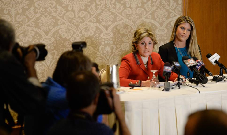 Francisco Kjolseth | The Salt Lake Tribune
Temple Taggart, a former Miss Utah, joins her lawyer, Gloria Allred, to talk about Donald Trump and his unwanted advances during a press conference at the Little America Hotel in Salt Lake City on Friday, Oct. 28, 2016.