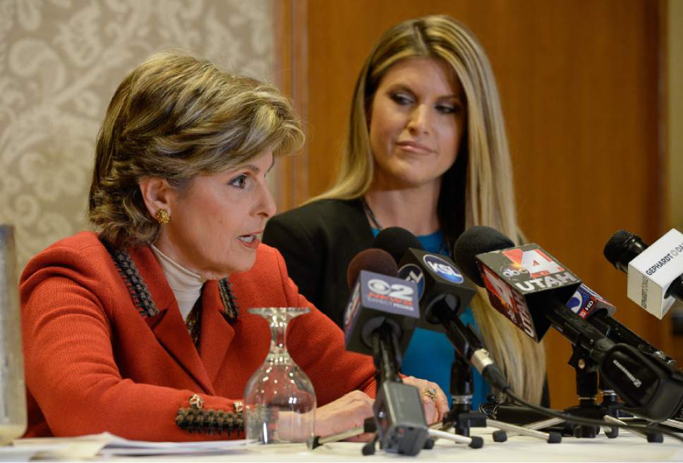 Francisco Kjolseth | The Salt Lake Tribune
Temple Taggart, a former Miss Utah, joins her lawyer, Gloria Allred, to talk about Donald Trump and his unwanted advances during a press conference at the Little America Hotel in Salt Lake City on Friday, Oct. 28, 2016.