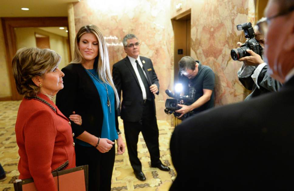 Francisco Kjolseth  | The Salt Lake Tribune
Temple Taggart, a former Miss Utah, is joined by her lawyer, Gloria Allred, following a press conference at the Little America Hotel in Salt Lake City on Friday, Oct. 28, 2016, where Taggart spoke about previous unwanted advances by presidential candidate Donald Trump.