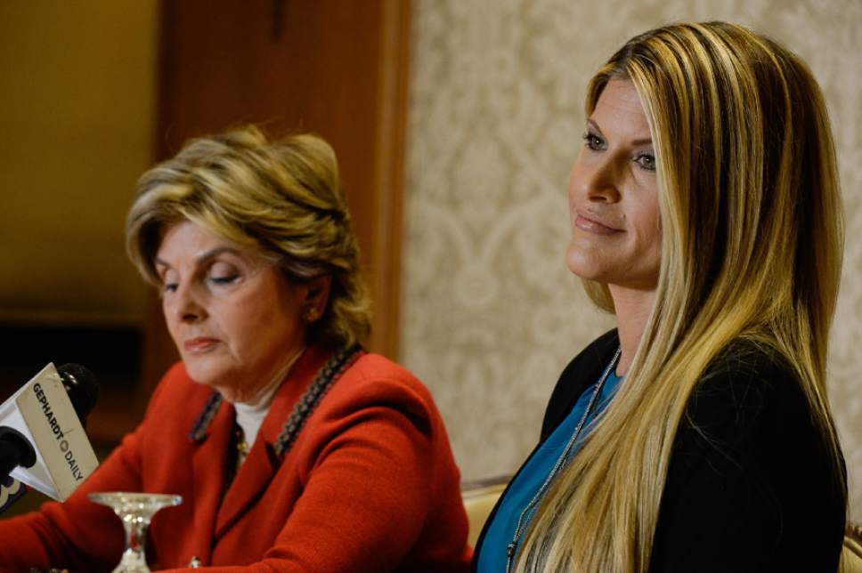 Francisco Kjolseth | The Salt Lake Tribune
Temple Taggart, a former Miss Utah, is joined her lawyer, Gloria Allred, to talk about Donald Trump and his unwanted advances during a press conference at the Little America Hotel in Salt Lake City on Friday, Oct. 28, 2016.
