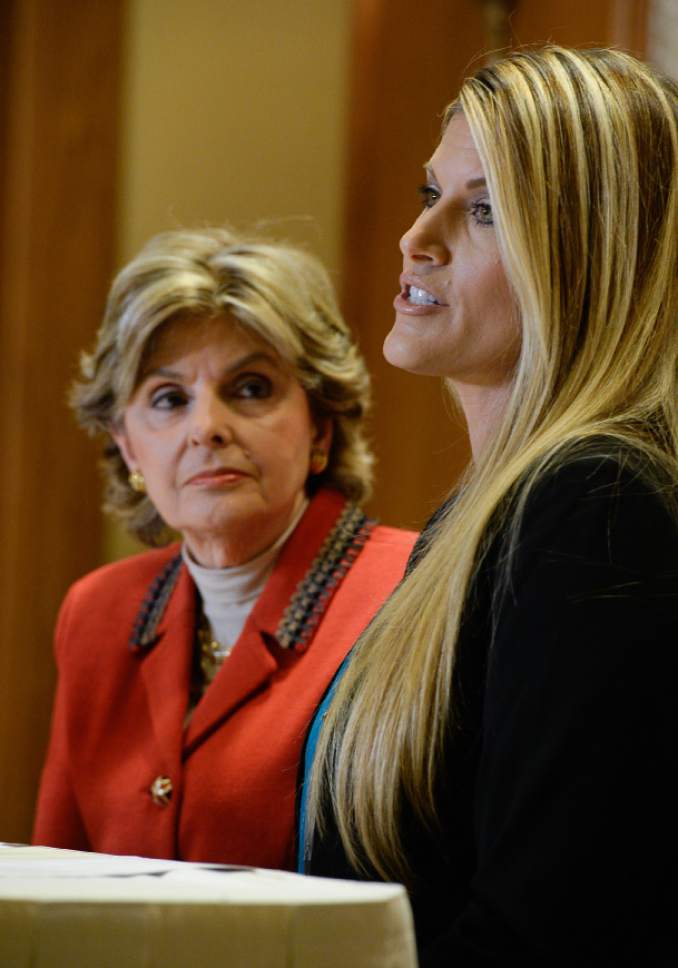 Francisco Kjolseth | The Salt Lake Tribune
Temple Taggart, a former Miss Utah, is joined her lawyer, Gloria Allred, to talk about Donald Trump and his unwanted advances during a press conference at the Little America Hotel in Salt Lake City on Friday, Oct. 28, 2016.