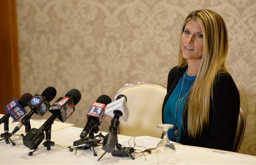 Francisco Kjolseth | The Salt Lake Tribune
Temple Taggart, a former Miss Utah, who was joined by her lawyer, Gloria Allred, gets ready to talk about Donald Trump and his unwanted advances during a press conference at the Little America Hotel in Salt Lake City on Friday, Oct. 28, 2016.