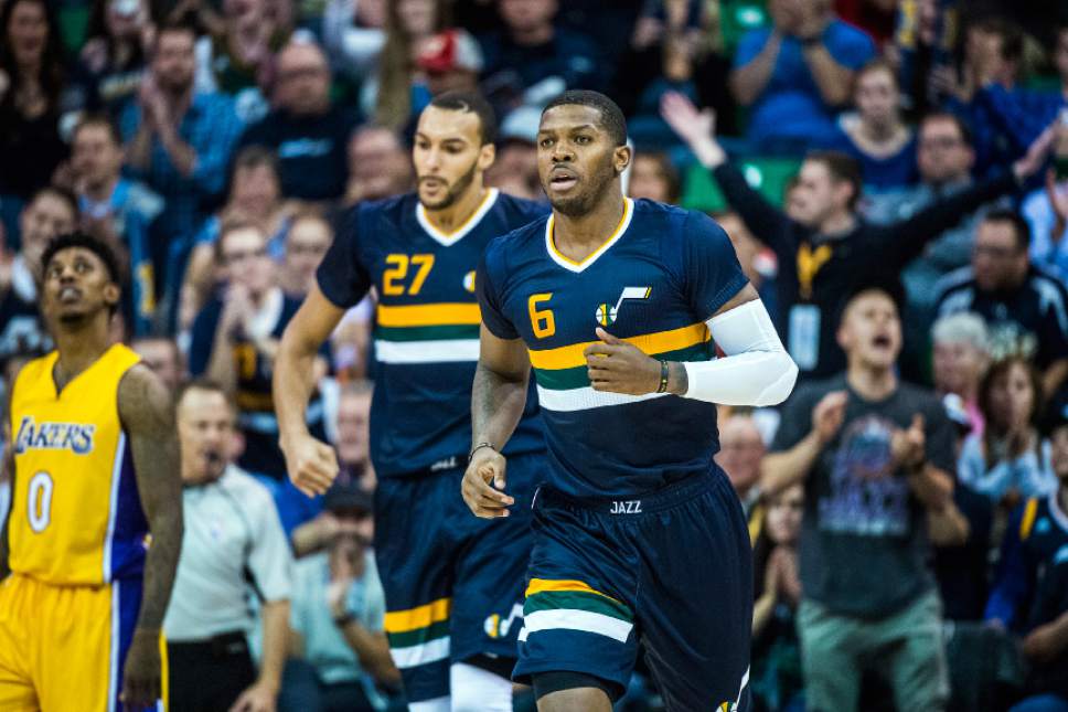 Chris Detrick  |  The Salt Lake Tribune
Utah Jazz forward Joe Johnson (6) and Utah Jazz center Rudy Gobert (27) during the game at Vivint Smart Home Arena Friday October 28, 2016. Utah Jazz defeated Los Angeles Lakers 96-89.