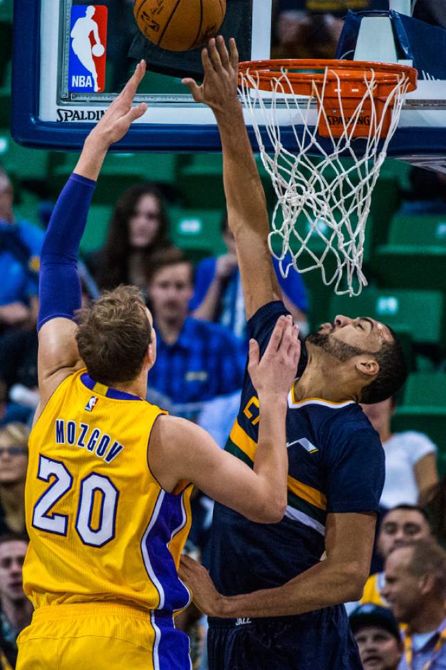 Chris Detrick  |  The Salt Lake Tribune
Utah Jazz center Rudy Gobert (27) blocks Los Angeles Lakers center Timofey Mozgov (20) during the game at Vivint Smart Home Arena Friday October 28, 2016.