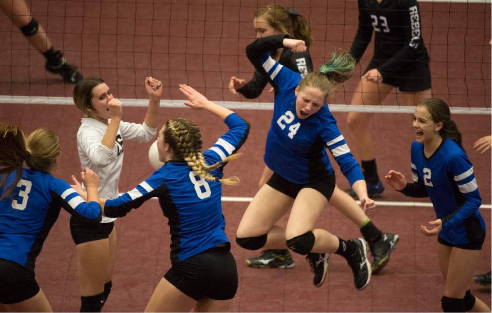 Rick Egan  |  The Salt Lake Tribune

The Panguitch Bobcats celebrate a big point in game two, 1A Volleyball State game vs. the Rich RebelsSaturday, October 29, 2016.