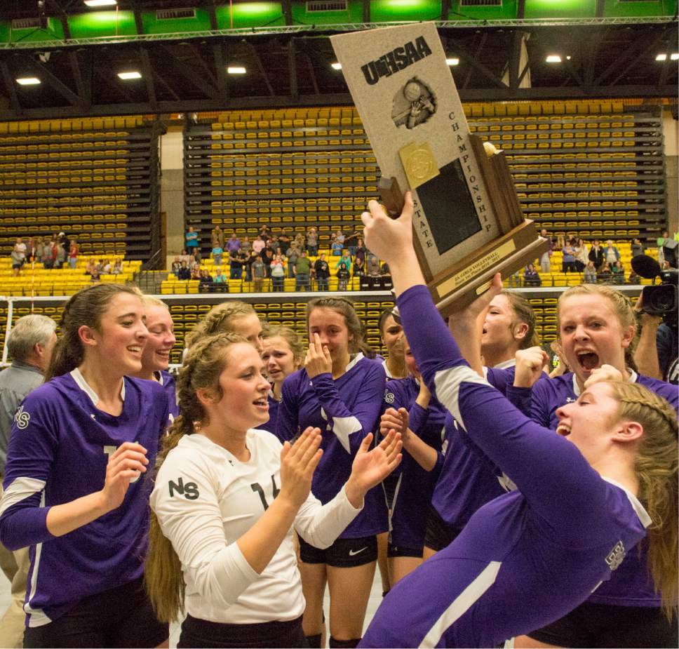 Rick Egan  |  The Salt Lake Tribune

The North Summitt Braves celebrate their 3-1 win over the South Summit Wild Cats in the 2A Volleyball State game, Saturday, October 29, 2016.