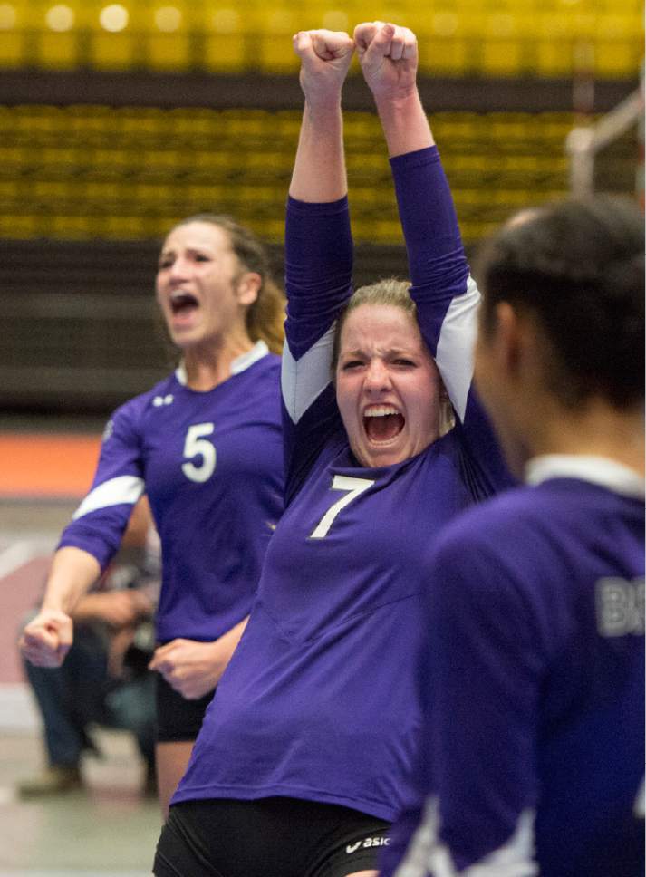Rick Egan  |  The Salt Lake Tribune

North Summitt Braves Elise Richins (7) celebrates their 3-1 win over the South Summit Wild Cats in the 2A Volleyball State game, Saturday, October 29, 2016.