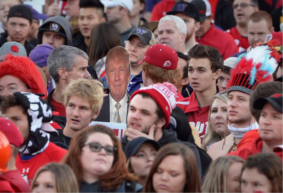 Scott Sommerdorf   |  The Salt Lake Tribune  
A familiar face lurked alongside Utah fans at the ESPN College Gameday broadcast at President's Circle on the University of Utah campus, Saturday, October 29, 2016.