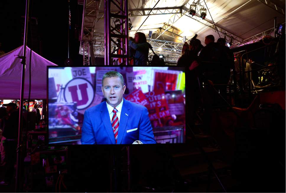 Scott Sommerdorf   |  The Salt Lake Tribune  
ESPN analyst Kirk Herbstrei on a monitor at the ESPN College Gameday broadcast at President's Circle on the University of Utah campus, Saturday, October 29, 2016.