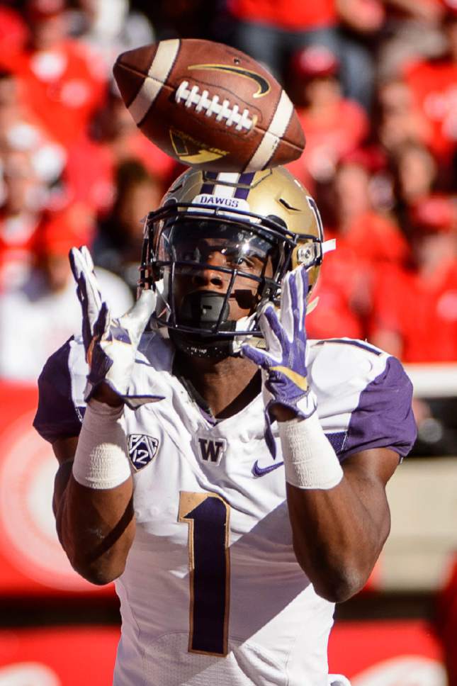 Trent Nelson  |  The Salt Lake Tribune
Washington Huskies wide receiver John Ross (1) pulls in a pass in the end zone as the University of Utah faces Washington, college football at Rice-Eccles Stadium in Salt Lake City, Saturday October 29, 2016.