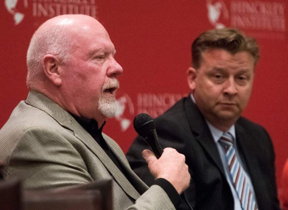 Rick Egan  |  The Salt Lake Tribune

Sen. Howard Stephenson speaks as Sen. Todd Weiler listens, during a panel discussion at the Hinckley Institute, discussing how religion and politics mix, Monday, October 3, 2016.