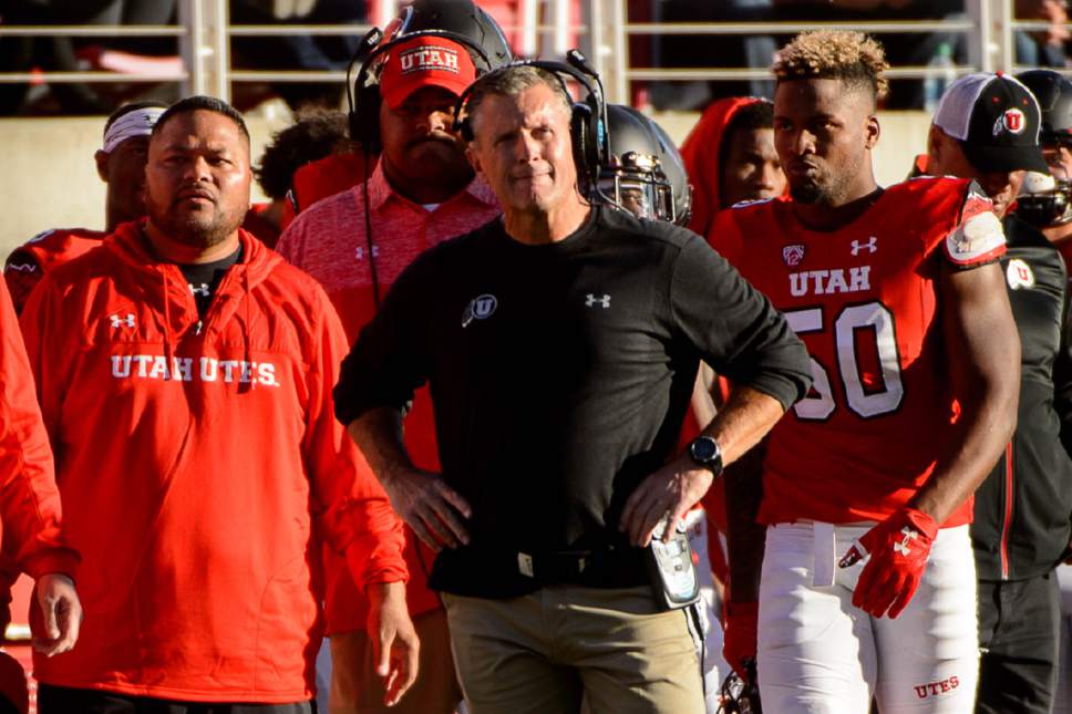 Trent Nelson  |  The Salt Lake Tribune
Utah Utes head coach Kyle Whittingham reacts after Utah's last possession, as the University of Utah faces Washington, college football at Rice-Eccles Stadium in Salt Lake City, Saturday October 29, 2016.